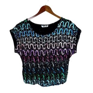 Vintage 80s Ice Wavy Rainbow Sequin Sparkle Silver Metallic Knit Disco Party Top